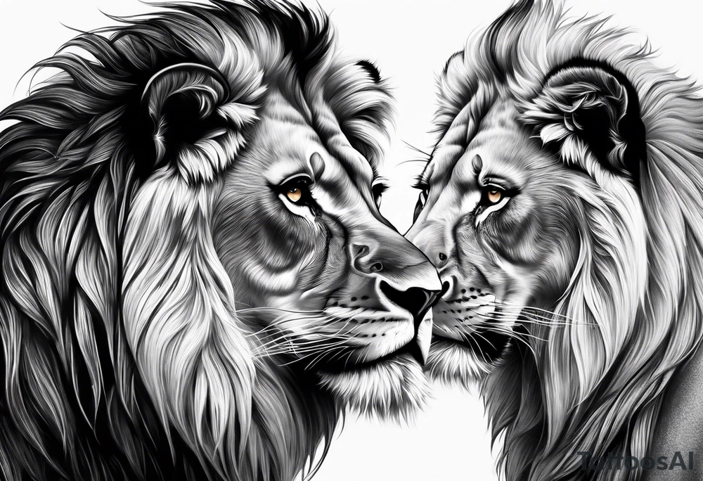 Realistic lion and lioness 
bonding tattoo idea