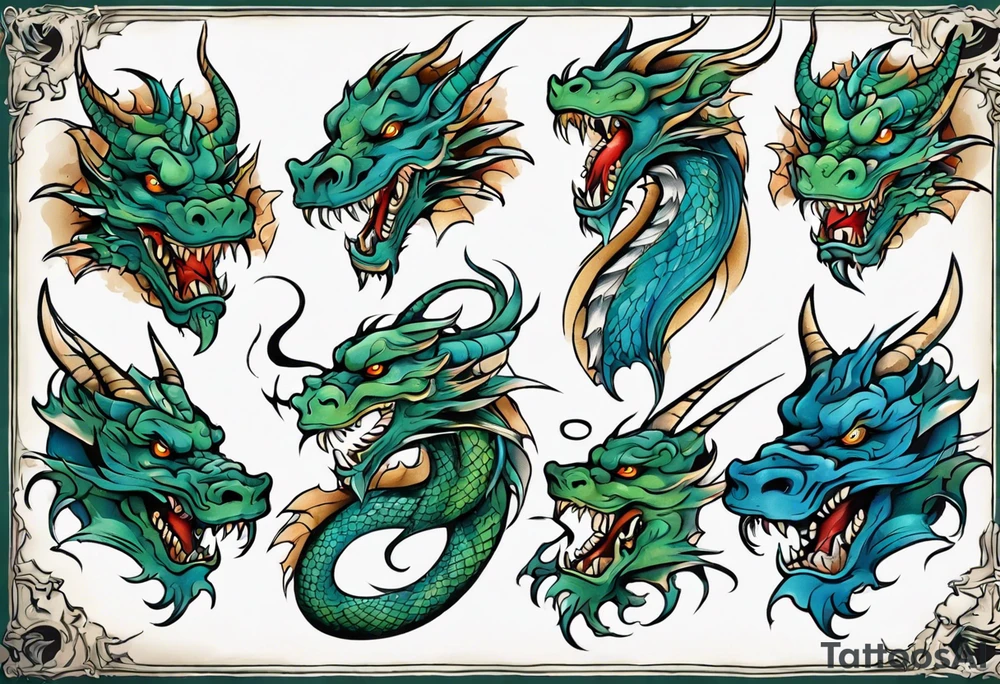 blue and green dragons tattoo idea