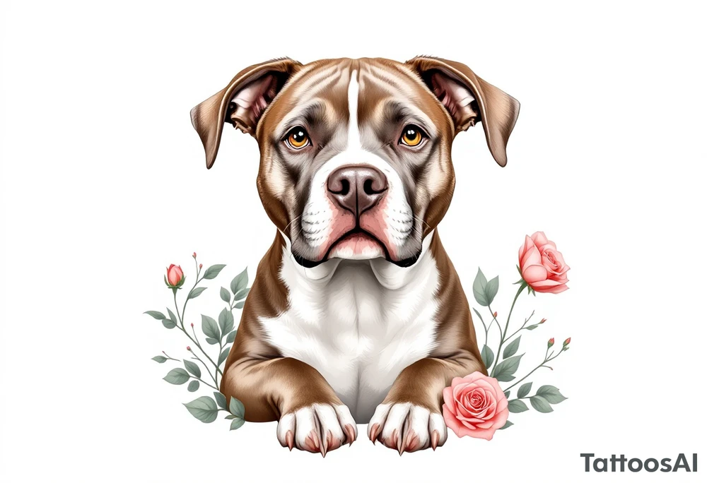 Brown and white pitbull with kind eyes, sitting calmly, surrounded by roses in muted red and soft green leaves, gentle realism. tattoo idea