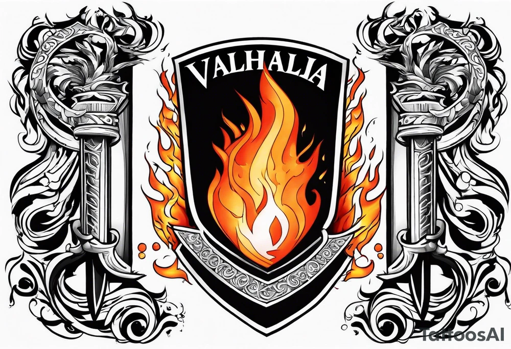 valhalla sword shield funeral on fire tattoo idea