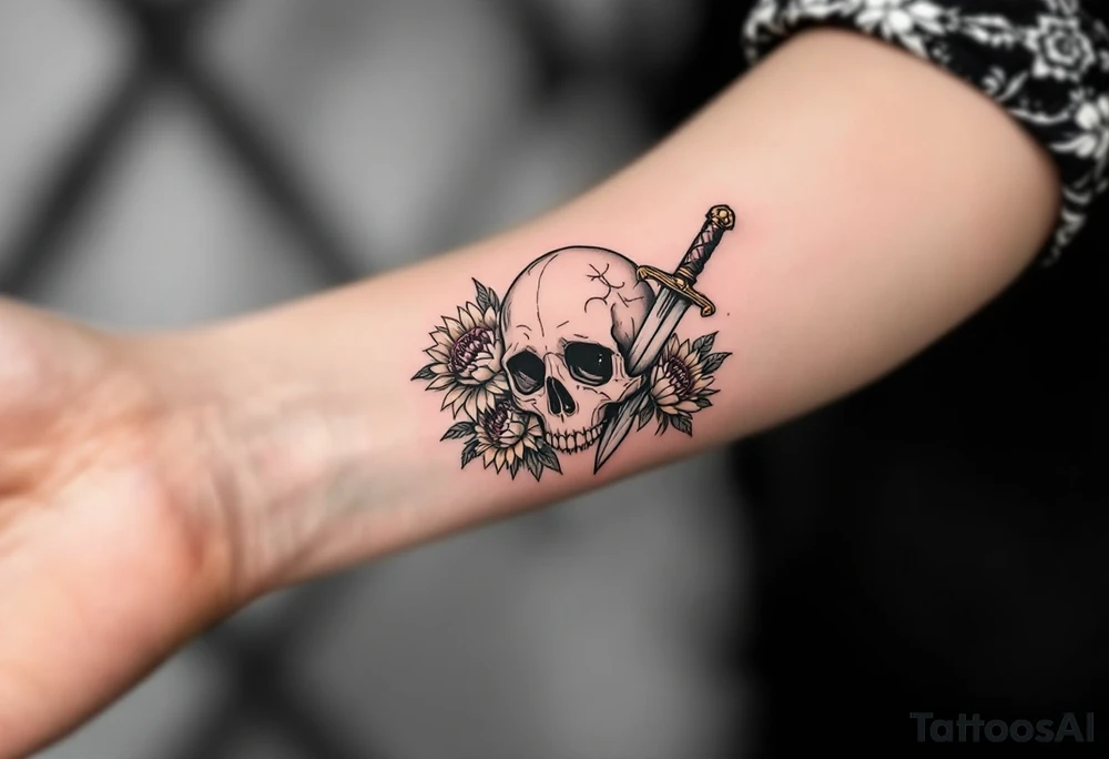 Skull, dagger piercing a heart with roses and sunflowers tattoo idea