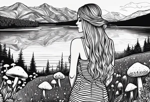 Straight long blonde hair hippie girl in distance holding mushrooms in hand facing away toward mountains and creek surrounded by mushrooms black and white striped dress tattoo idea