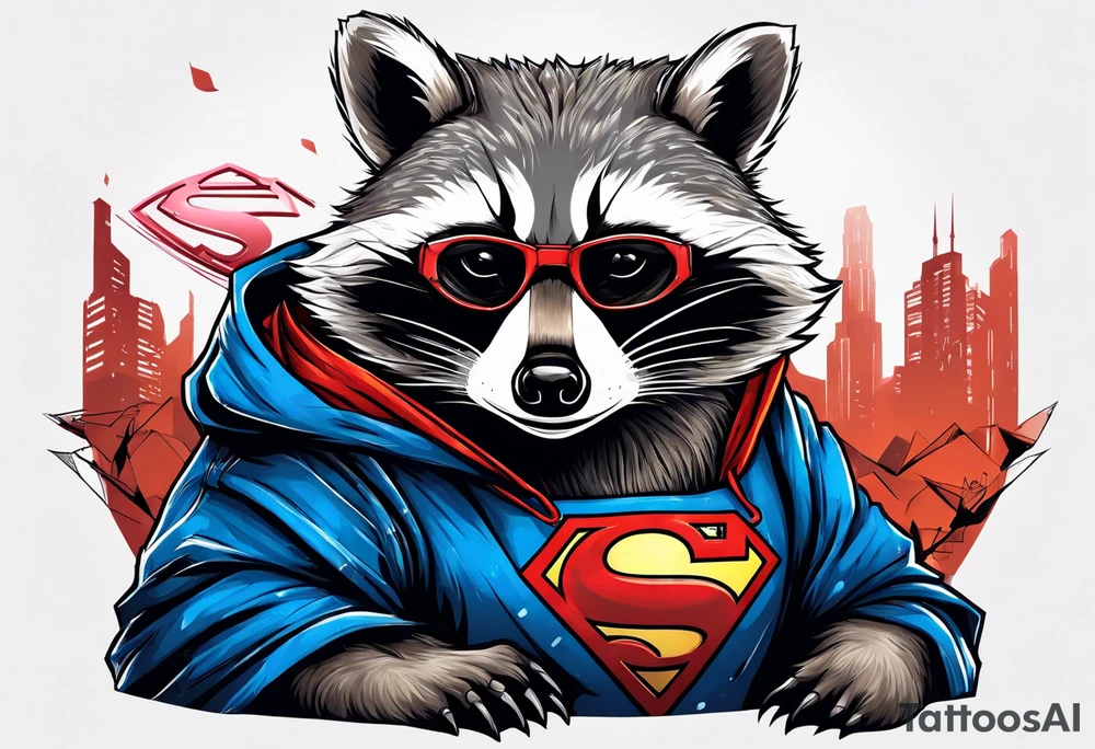 raccoon wearing a Superman hoodie tattoo idea