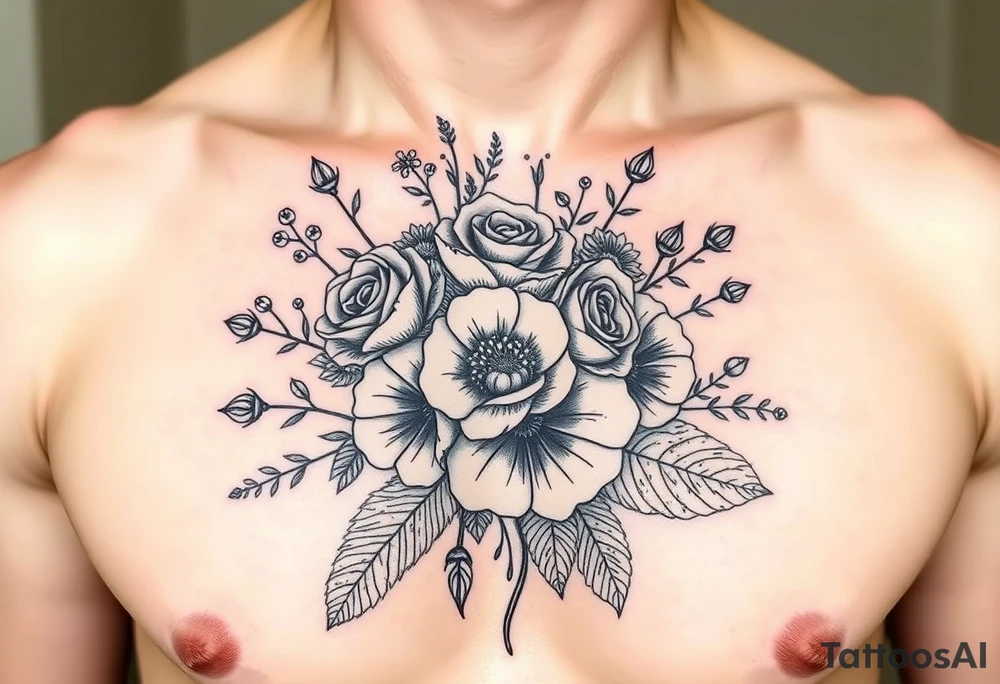 vintage bouquet of wild roses and meadow flowers with morning dew tattoo idea
