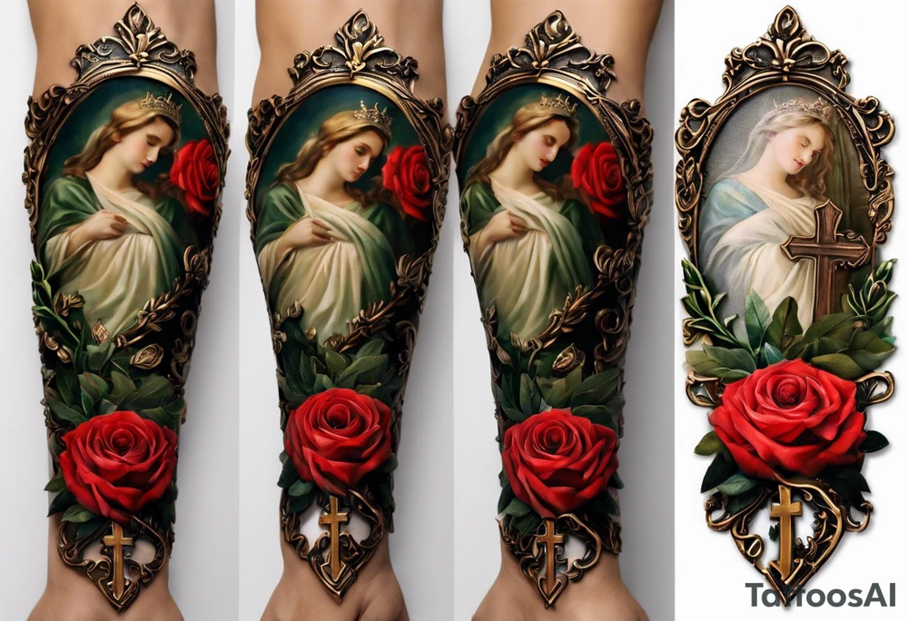 this ins meant to be a collage style that will cover the forearm from the wrist to elbow. Give me an olive branch on wirst at bottom shaped like a manura lamp. A cross above that with smallers olive and rose branches and roses arount it with a crown above the cross on bothe sides small hebrew letters that say king of glory and the other says yeshua messiah in hebrew . Not too many roses. Only black and white tattoo idea