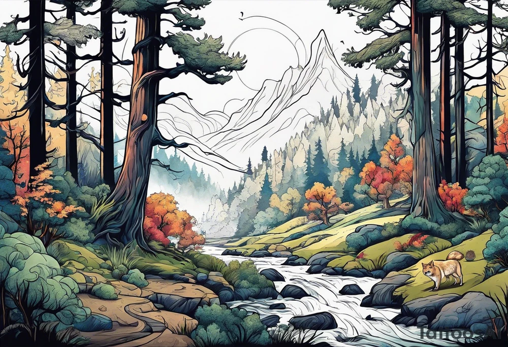 Forest with a lot of trees and animals roaming tattoo idea