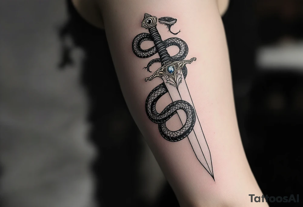 mystical snake coiled around an ancient dagger with jeweled hilt tattoo idea