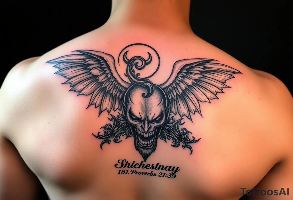 i want to fill my whole forearm so a full half sleeve can you generate archangel micheal stepping on the devils head like defeating him and then can you put  proverbs 21:39 below and put my moms name “Sharnay” with her eyes and fill wtv you want in with the rest just match the theme tattoo idea