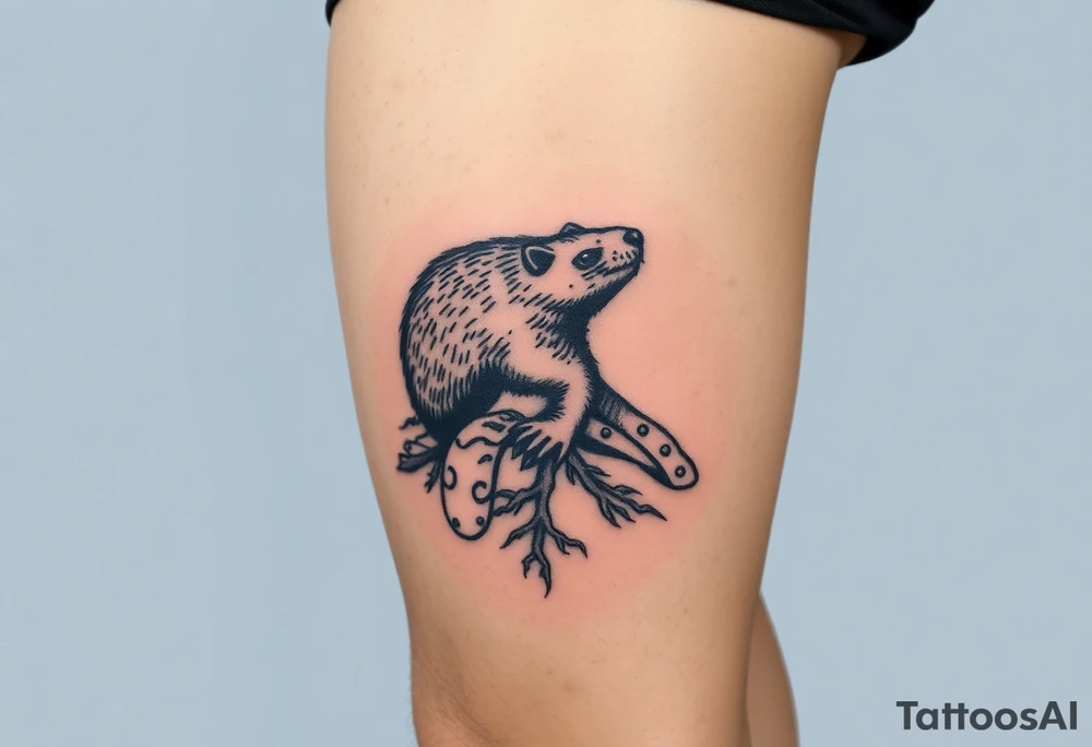 A highly detailed black mole emerging from the earth, with rich brown soil textures and tiny roots, symbolizing perseverance and hidden strength tattoo idea