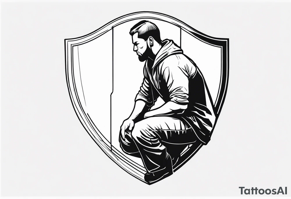 man crouched behind shield tattoo idea