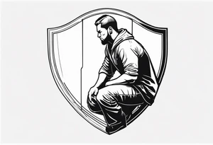 man crouched behind shield tattoo idea
