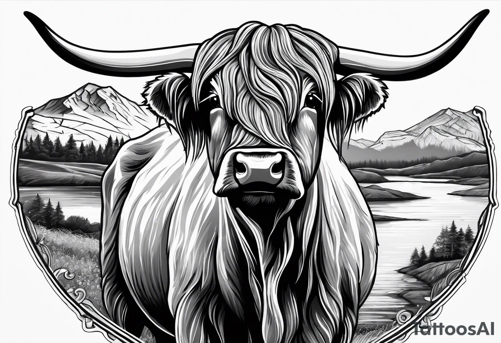Highland cow with highland mountains tattoo idea