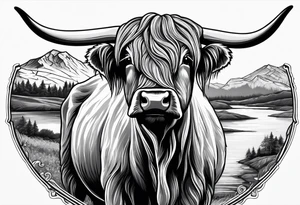 Highland cow with highland mountains tattoo idea