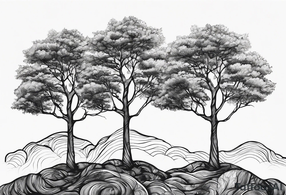 Three trees together fineline simple tattoo idea