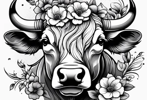 bull with flowers feminine tattoo idea