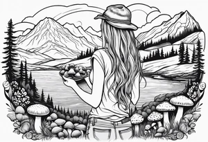 Straight long blonde hair hippie girl in distance holding mushrooms in hand facing away toward mountains and creek surrounded by mushrooms tee shirt hiking pants

Circular picture tattoo idea