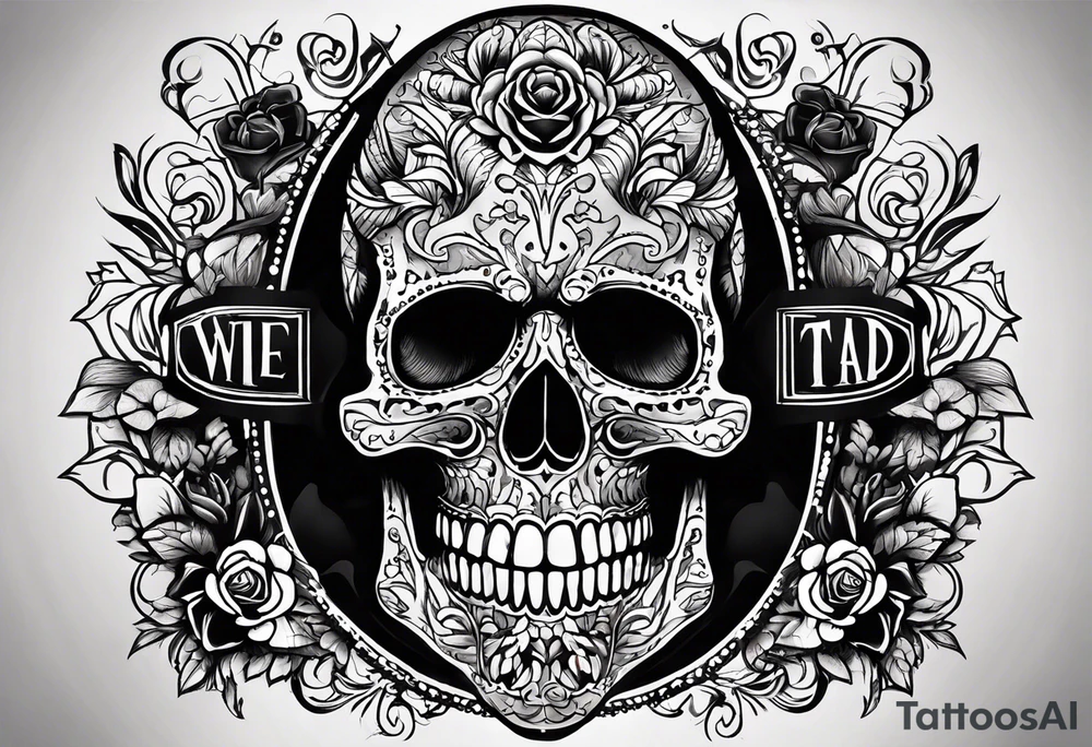 I want a tattoo with a skull design containing the letters "work hard, play hard". tattoo idea