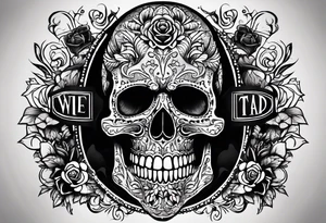 I want a tattoo with a skull design containing the letters "work hard, play hard". tattoo idea