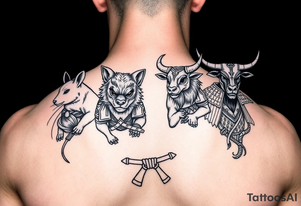 Chinese zodiac animals: rat, dog, goat, and ox all dressed up Japanese Samurai style tattoo idea