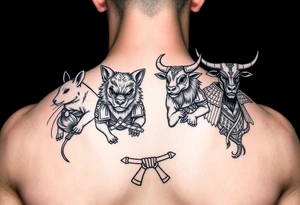 Chinese zodiac animals: rat, dog, goat, and ox all dressed up Japanese Samurai style tattoo idea