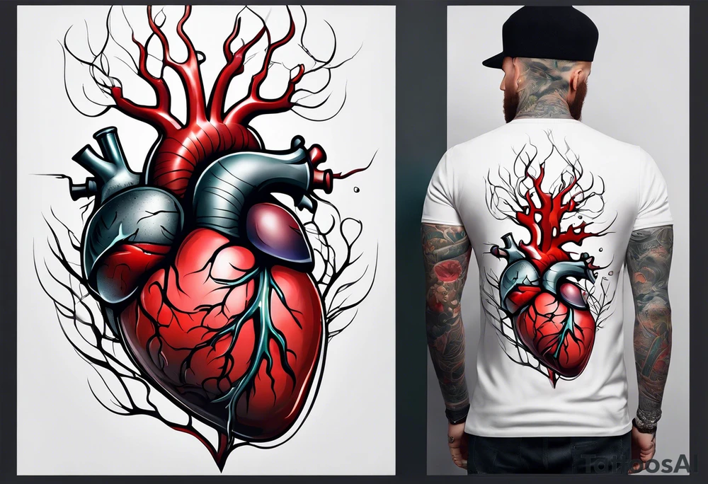 Anatomic heart with wire and blood on a sleeve tattoo idea