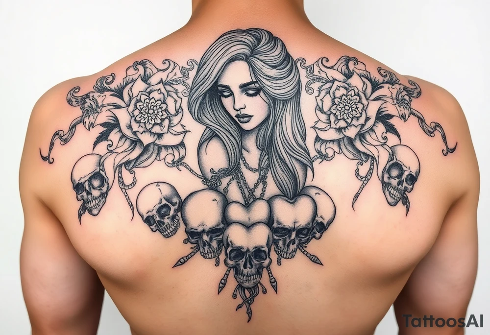 Chola sadgirl surrounded by mandala smoke and skulls with broken hearts tattoo idea