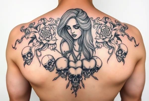 Chola sadgirl surrounded by mandala smoke and skulls with broken hearts tattoo idea