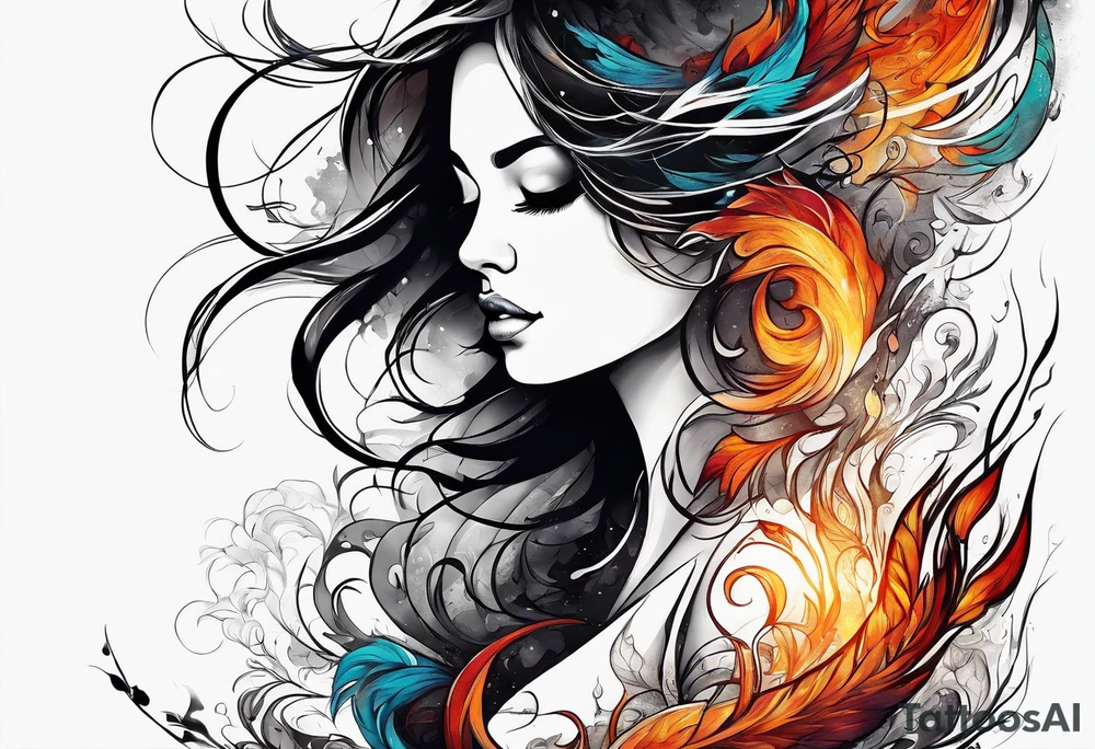 Resurrection strength and courage Beautiful Woman walking through fire and chaos to inner peace and self-love  ethereal tattoo idea