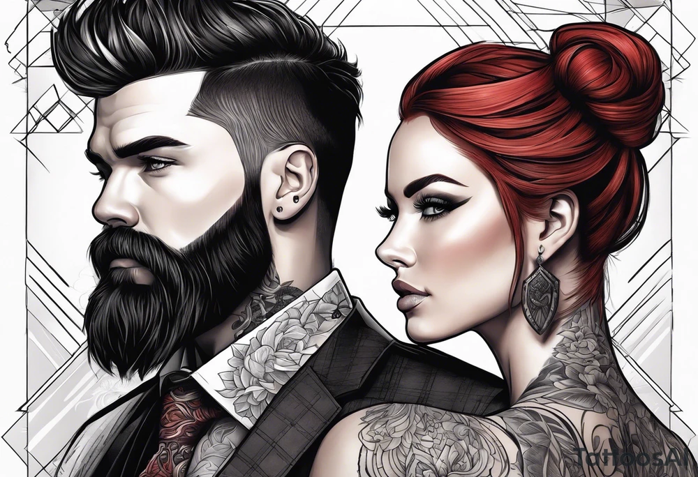 Busty Red haired woman with black haired bearded man tattoo idea