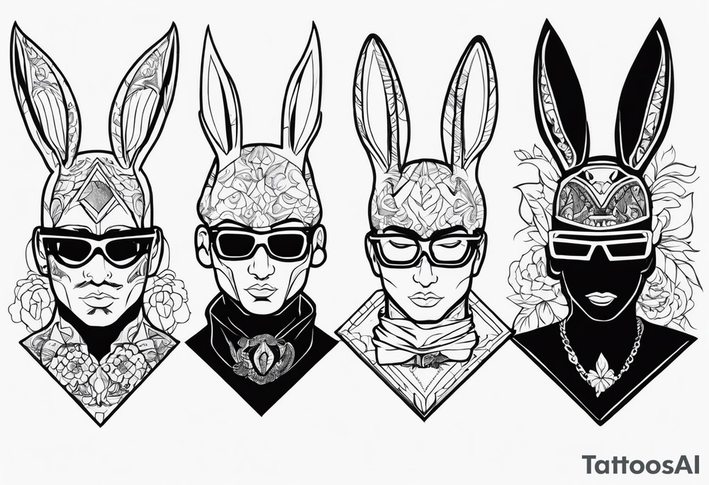 Characters from the albums of Mora, Eladio Carrion, Bad Bunny and Alvaro Diaz tattoo idea