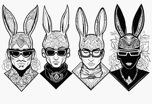 Characters from the albums of Mora, Eladio Carrion, Bad Bunny and Alvaro Diaz tattoo idea