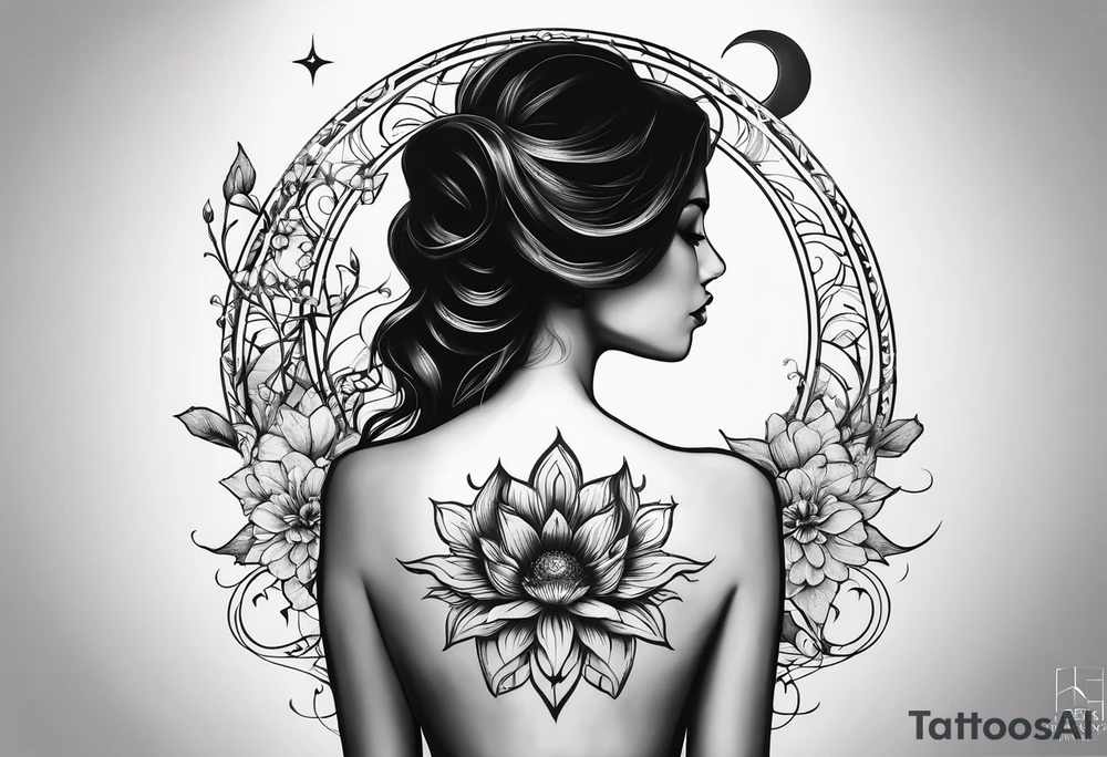 Tattoo on Woman’s Spine fine line, flower, moon, balance, eternity, perfection, love, patience, rising out of suffering tattoo idea