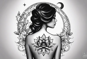 Tattoo on Woman’s Spine fine line, flower, moon, balance, eternity, perfection, love, patience, rising out of suffering tattoo idea