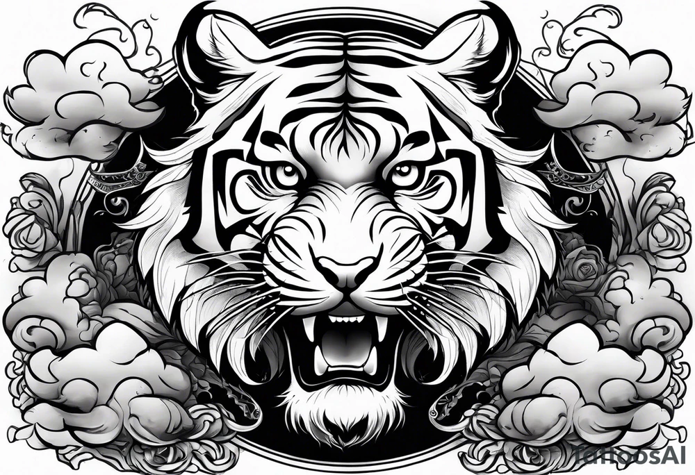 tiger with a full body not just its head with its body twisting clouds around tattoo idea