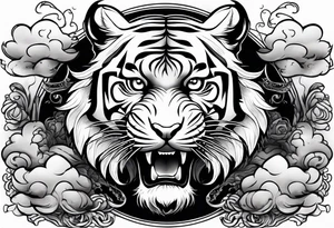 tiger with a full body not just its head with its body twisting clouds around tattoo idea