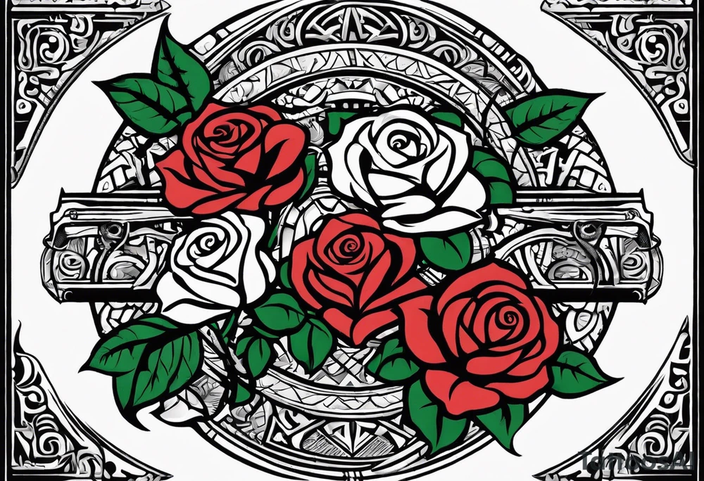 Design a masculine tattoo depicting three delicate rose buds being embraced and protected by 
Aztec weapons. The weapons should include elements such as the macuahuitl (Aztec sword-club), obsidian blades, and Mayan calendar, arranged in a way that forms a protective circle or embrace around the roses. Carve the entire image as if it were a stone sculpture by an ancient Aztec artist, with the texture resembling intricately detailed stone carvings. The roses should be slightly softer but still stylized in stone, giving the entire tattoo a powerful, yet artistic and ancient feel. Use bold, sharp lines to capture the essence of Aztec craftsmanship tattoo idea