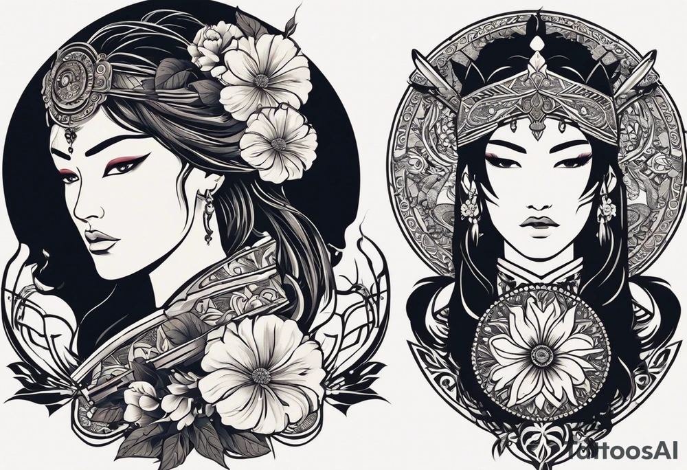 The tattoo in the image features a striking design that blends the faces of two characters, separated by a sword. The left side depicts a woman with a flower in her hair, styled in a traditional way, while the right side shows a more warrior-like appearance, with the sword positioned in the center. Below the face, there's a detailed design that includes a large flower and possibly a comb, adding to the symbolic elements of the piece. 

The text on the right side of the tattoo reads, "A flowered is on your shoulder," which seems to be a customized or stylized phrase.

The tattoo seems to be inspired by themes of duality, strength, and beauty. The imagery might be referencing a character or a cultural symbol, possibly from Asian art or mythology. tattoo idea