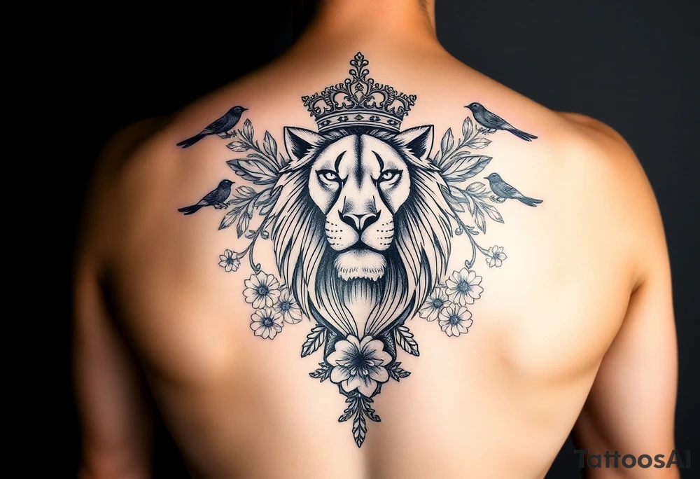 powerful majestic lion with a crown, surrounded by floral ornaments and birds tattoo idea