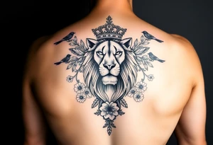 powerful majestic lion with a crown, surrounded by floral ornaments and birds tattoo idea