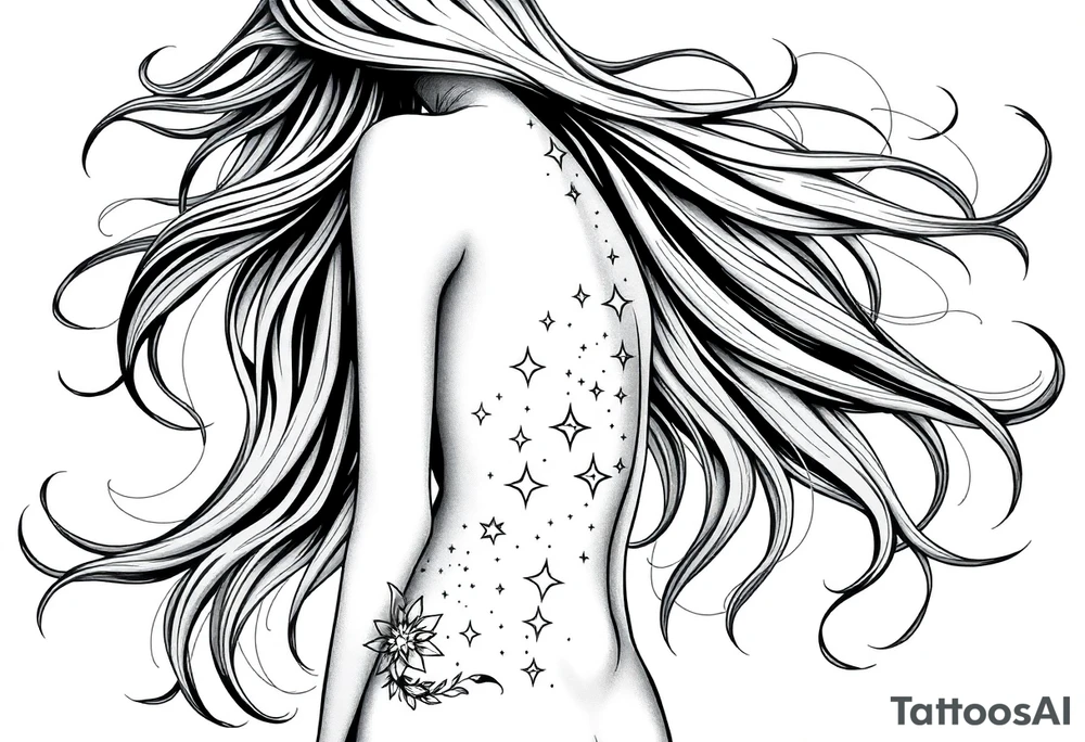 ethereal faceless women body with flowing hair and beautiful celestial stars tattoo idea