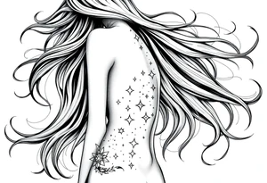 ethereal faceless women body with flowing hair and beautiful celestial stars tattoo idea