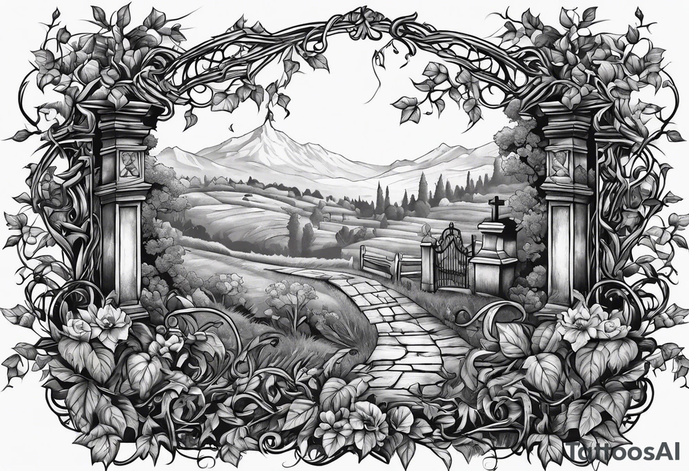 Leafy vines with grave yard tattoo idea