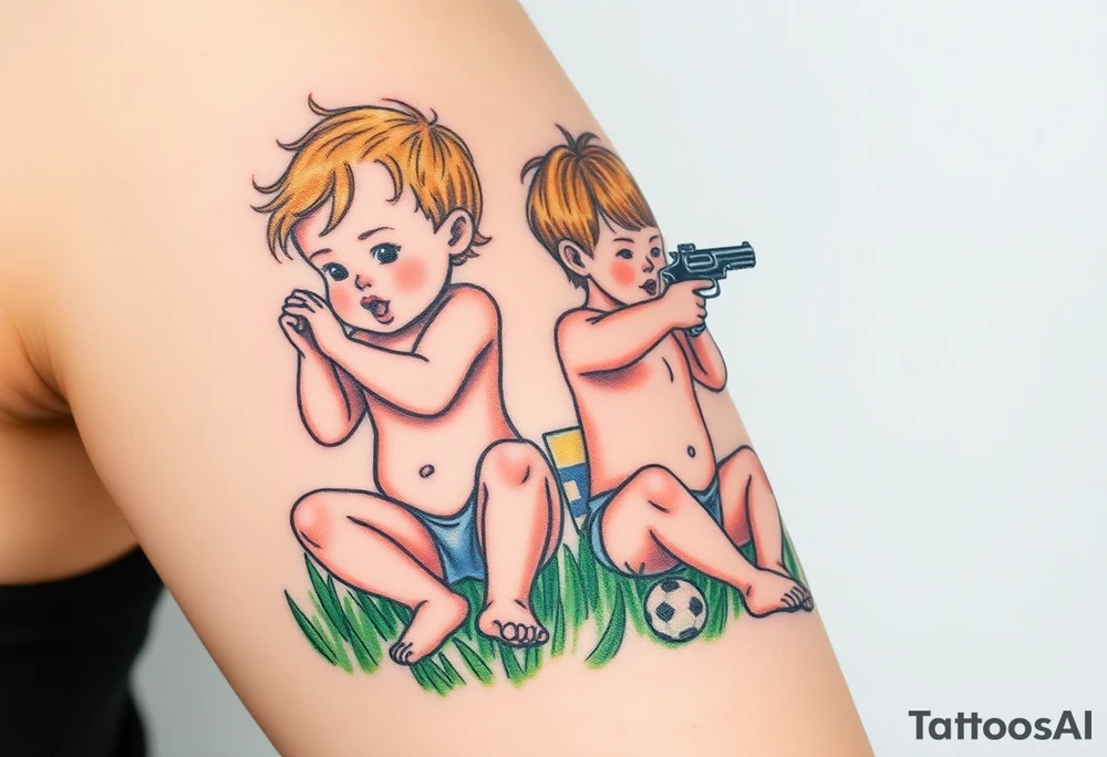 Due bambini, in stile realistico, colorato, seduti sull'erba, divisi da un muro di mattoni, uno piange mentre gioca con la palla, l'altro ride mentre si spara in bocca con la pistola dentro la bocca tattoo idea