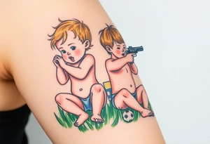 Due bambini, in stile realistico, colorato, seduti sull'erba, divisi da un muro di mattoni, uno piange mentre gioca con la palla, l'altro ride mentre si spara in bocca con la pistola dentro la bocca tattoo idea