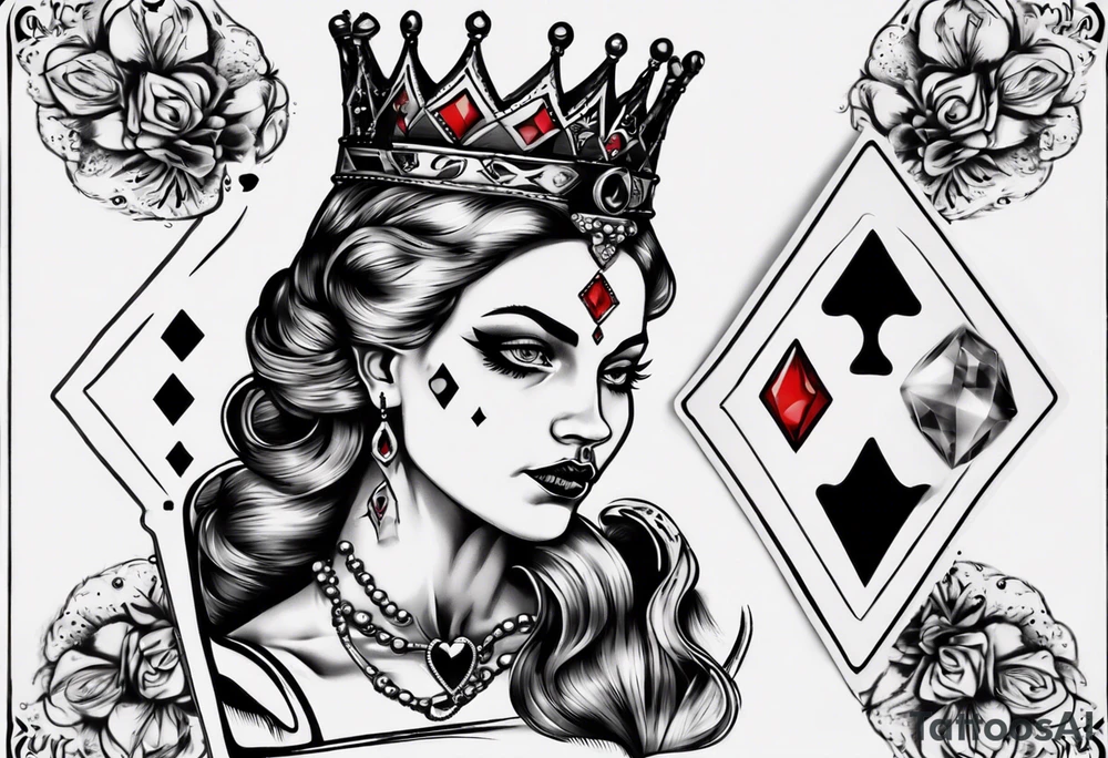 queen of hearts card with the queen holding a diamond and crying black tears, with blank eyes tattoo idea