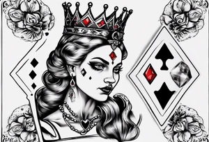 queen of hearts card with the queen holding a diamond and crying black tears, with blank eyes tattoo idea