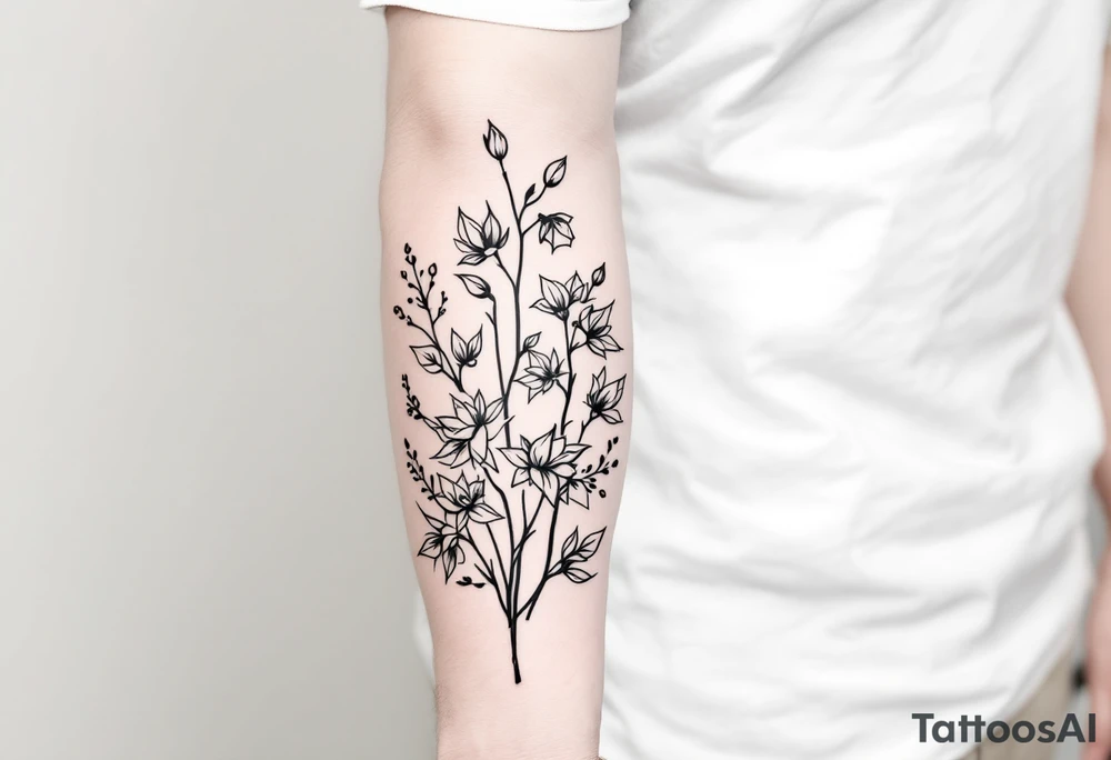 starting from a band mid-forearm, a sleeve of holly flowers and daffodils tattoo idea