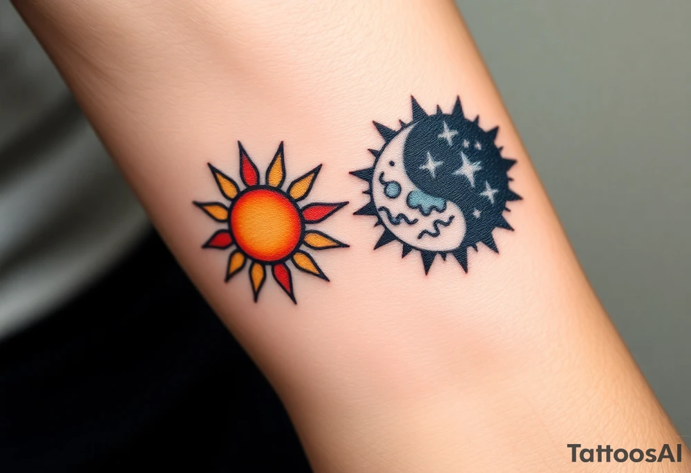 Matching sun and moon tattoos in warm orange and cool blue signify balance and harmony between father and kids. tattoo idea