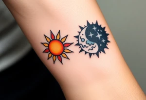 Matching sun and moon tattoos in warm orange and cool blue signify balance and harmony between father and kids. tattoo idea