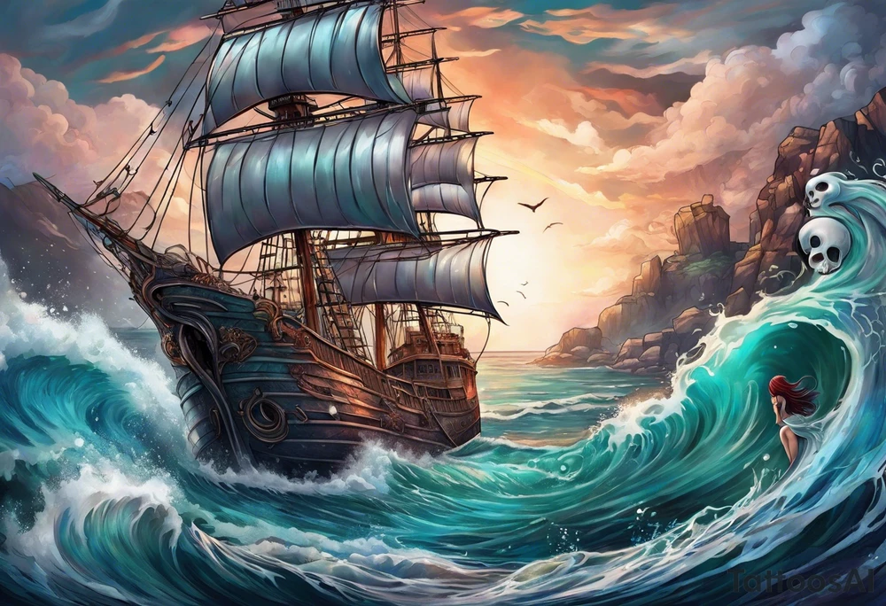 mermaid swimming next to a ghost ship tattoo idea